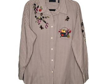 Karen Scott XL Women's Long Sleeve Button-Down Shirt With Embroidered Fruit & Bu