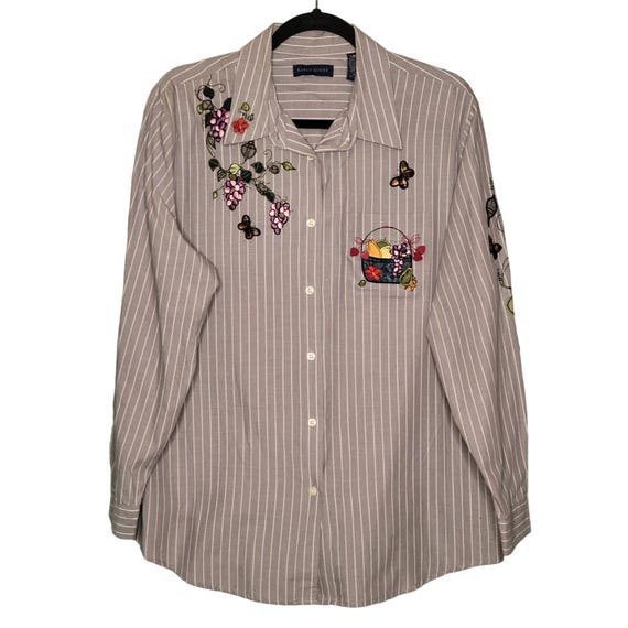 Karen Scott XL Women's Long Sleeve Button-down Shirt With Embroidered Fruit  & Bu