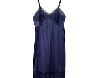 Vintage Navy Blue Lace Trim Satin Slip Gown Nightgown Adjustable Straps S