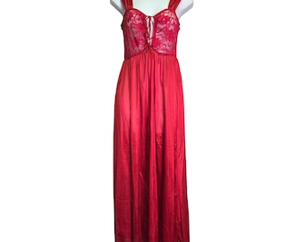 Romantic Nightgown Vintage Lace Bodice Tie Front Maxi M Red Lingerie Coquette