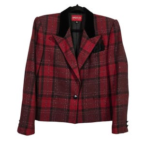 Vintage Sasson Womens 12 Plaid Blazer Jacket Wool Blend Structured Shoulder Pads Red Black Old Money Preppy Academia