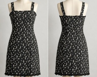 Black Novelty Dog Walker Print Ruffle Trim Sheath Dress Sleeveless Square Neck