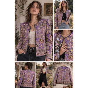 Puede incluir: Chaqueta morada bordada con cuello redondo y mangas largas. La chaqueta presenta intrincados patrones florales y geométricos en oro, rojo y negro. La chaqueta se muestra en múltiples vistas, incluido un primer plano del bordado.