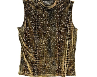 Vintage 90s Sleeveless Mock Neck Velvet Snake Print Top L 11/13 Gold Brown