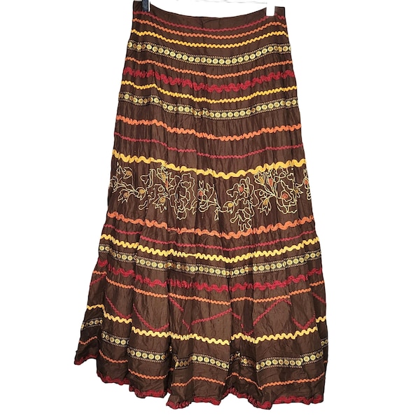 Jenni N Jess Y2K Women's Small Maxi Boho Skirt Embroidered Floral HIppie Brown