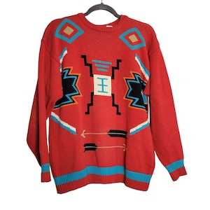 Vintage Heirloom Women&#39;s L Sweater Aztec Southwestern Print Crewneck Red