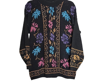 Vintage 80s Womens Black Floral Knit Sweater Sparkle Pullover Sweater