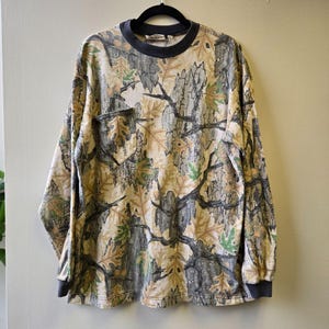 Vintage 80er Jahre Raubtier Camouflage Shirt XL: Baumwolle Baumrinde Eichenblatt Muster