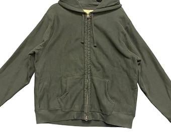 Sudadera con capucha y cremallera completa de felpa vintage J.Crew para hombre, talla XL, color negro desteñido y verde con forro de gofre.