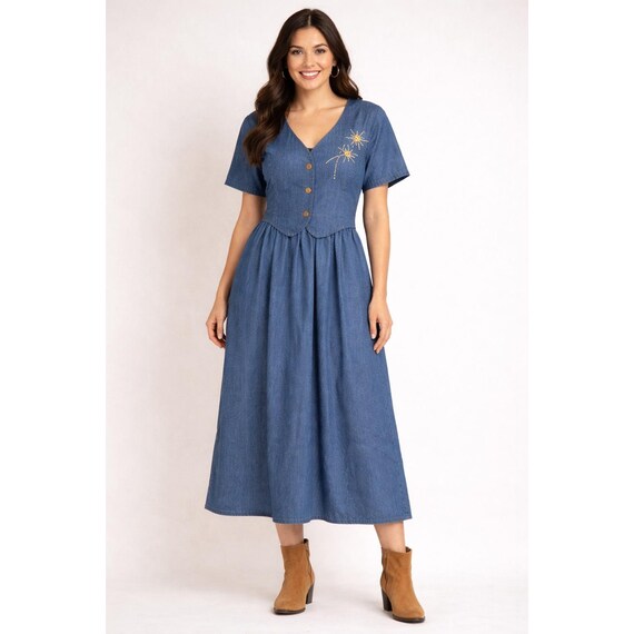 knee length dresses for ladies Rolla's :: Mara Button Down Denim Midi Dress in Deep Blue Wash