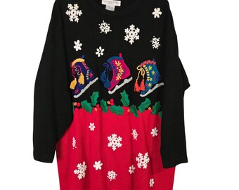 Vintage Ugly Novelty Christmas Holiday Oversized Sweater Embroidered Holly Snowflakes
