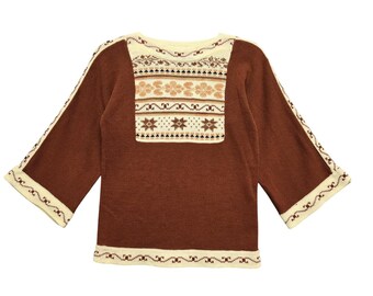Darn Knit Vintage Fair Isle Bib Sweater Medium Brown Bell Sleeve Retro Boho