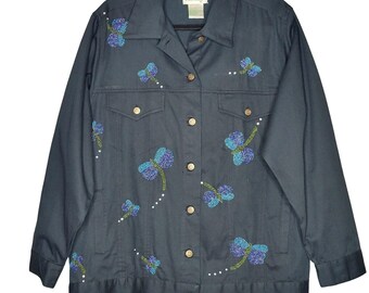 Quacker Factory Women's L Button Up Shacket Shirt Dragonflies Artsy Art to Wear