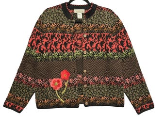 Susan Bristol Wool Cardigan Vintage Hand Embroidered L Multicolor Fair Isle