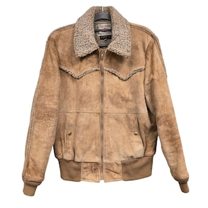Vintage 60s 70s Mens 40 Tan Suede Sherpa-Lined Western Jacket Rugged Ranch Country