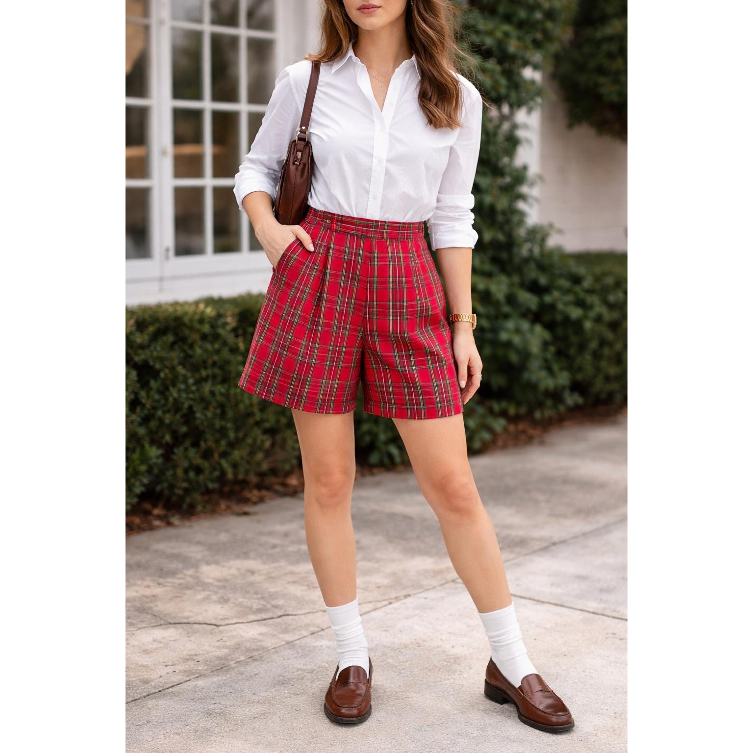 Vintage Ralph Lauren Red Tartan Plaid Pleated Shorts High Rise