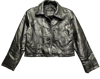 Vintage Grunge Black Patchwork Genuine Leather Jacket Womens M 90s