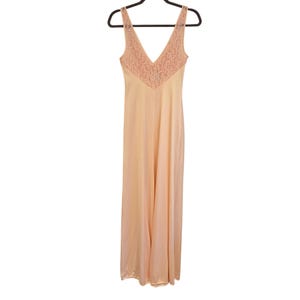 Vintage S Peach Lace-Trimmed Full-Length Nightgown Tie-Back Glam Sexy Romantic