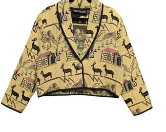 Vintage Maximalist Tapestry Jacket Southwest Cabin M Tan Cropped Concho