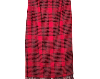 Vintage Holiday Plaid Houndstooth Fringe Midi Skirt 14 Red Black Dark Academia