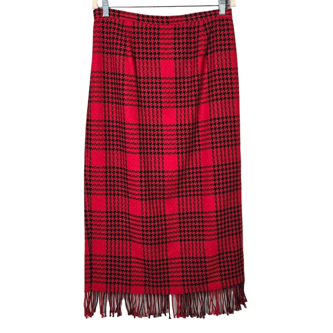 Vintage Red Black Plaid Wool Blend Maxi Skirt Fringe Hem