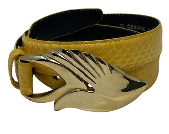 Leather Shop Yellow Genuine Snake Skin Belt Gold Wing Buckle Vintage M
