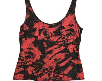 Tank Top Abstract Floral Glitter Slinky Y2K Red Black Large