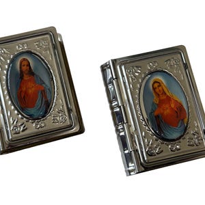 Silver & Gold Tin Rosary Case Miniature Box Container Lady Virgin Mary Sacred Heart or Jesus Christ with the Sacred Heart.
