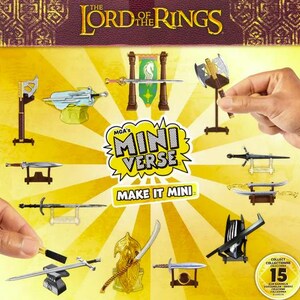 May include: The Lord of the Rings Miniverse Make It Mini collectible toy line features 15 different miniature versions of weapons and accessories from the Lord of the Rings movies. The image shows a variety of miniature swords, axes, and other weapons on display stands.
