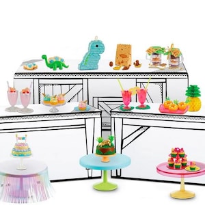Pode incluir: Um conjunto de padaria em miniatura com um balcão e prateleiras brancas, incluindo uma variedade de bolos, cupcakes e sobremesas coloridas. Há também bebidas em miniatura, um arco-íris e um dinossauro.
