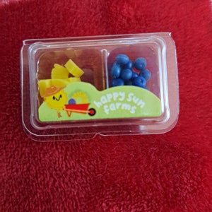 Op de afbeelding: Een doorzichtige plastic container met twee compartimenten. Een compartiment bevat gele plastic fruitschijfjes en het andere bevat blauwe plastic blauwe bessen. De container heeft een groen label met de tekst "Happy Sun Farms".