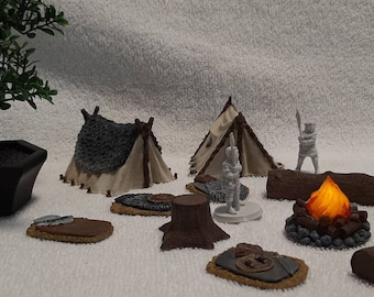 3D Printed 28mm Adventurer&#39;s Campsite with LED Flickering Fire