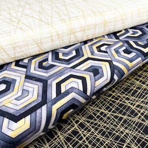 Baumwollstoff von Henry Glass | Black, White & 24 Karat | Stoff mit goldenem Print | geometrische Meterware zum Quilten und Patchwork