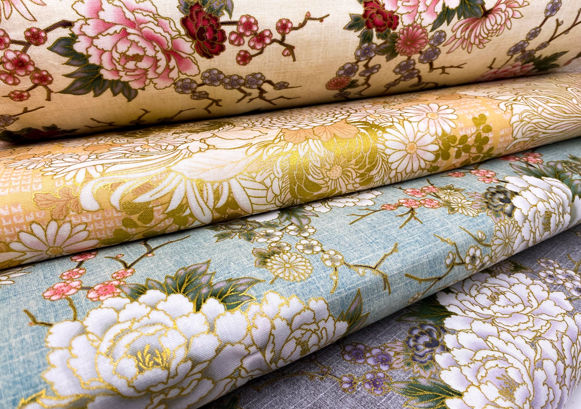 Robert Kaufman asian floral cotton fabric | Imperial 17 collection with gold print | Asian pattern for DIY
