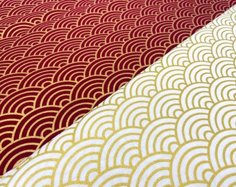 Cotton Fabric with Japanese Waves (Qinghai) | White, Bordeaux, Navy fine Cotton with Gold print