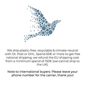 May include: A white background with a stylized dove made of blue circles. Text below the dove states, "We ship plastic-free, recyclable & climate-neutral." Additional text provides information for international buyers.