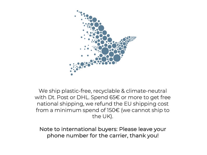 May include: A white background with a stylized dove made of blue circles. Text below the dove states, "We ship plastic-free, recyclable & climate-neutral." Additional text provides information for international buyers.