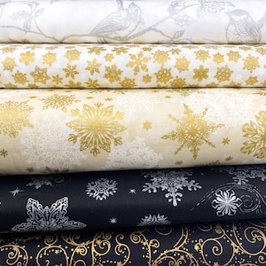 Christmas Cotton Fabric in Gold and Silver | Holiday Charms & Holiday Flourish by Robert Kaufman