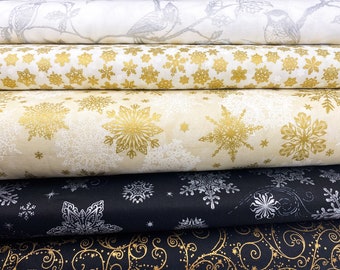 Christmas Cotton Fabric in Gold and Silver | Holiday Charms & Holiday Flourish by Robert Kaufman