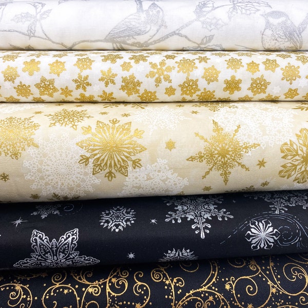 Christmas Cotton Fabric in Gold and Silver | Holiday Charms & Holiday Flourish by Robert Kaufman