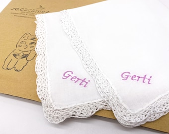 Embroidered Cotton Lace-Trimmed Handkerchief | Hanky with Monogram as a personal Gift