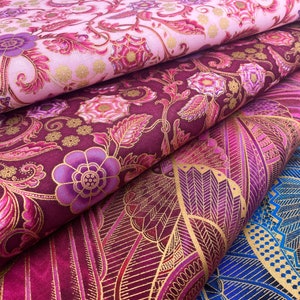 Robert Kaufman Persis Collection | Fine Cotton Fabric in Rose, Bordeaux and Blue with Floral and Oriental Pattern