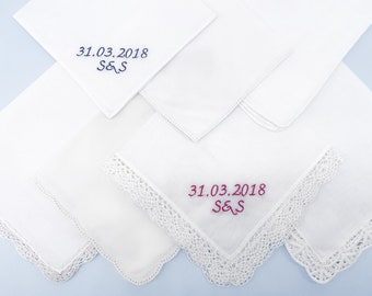 Mouchoir en coton personnalisé avec date et initiales | Pochette monogramme pour fiançailles, mariage ou anniversaire