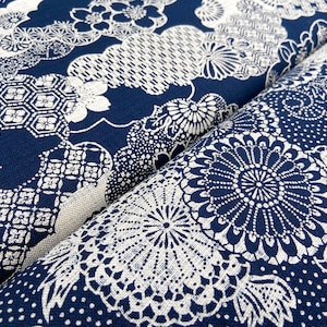Peut inclure: Un gros plan sur un tissu bleu avec un motif floral blanc. Le tissu est plié en deux, montrant le motif des deux côtés.