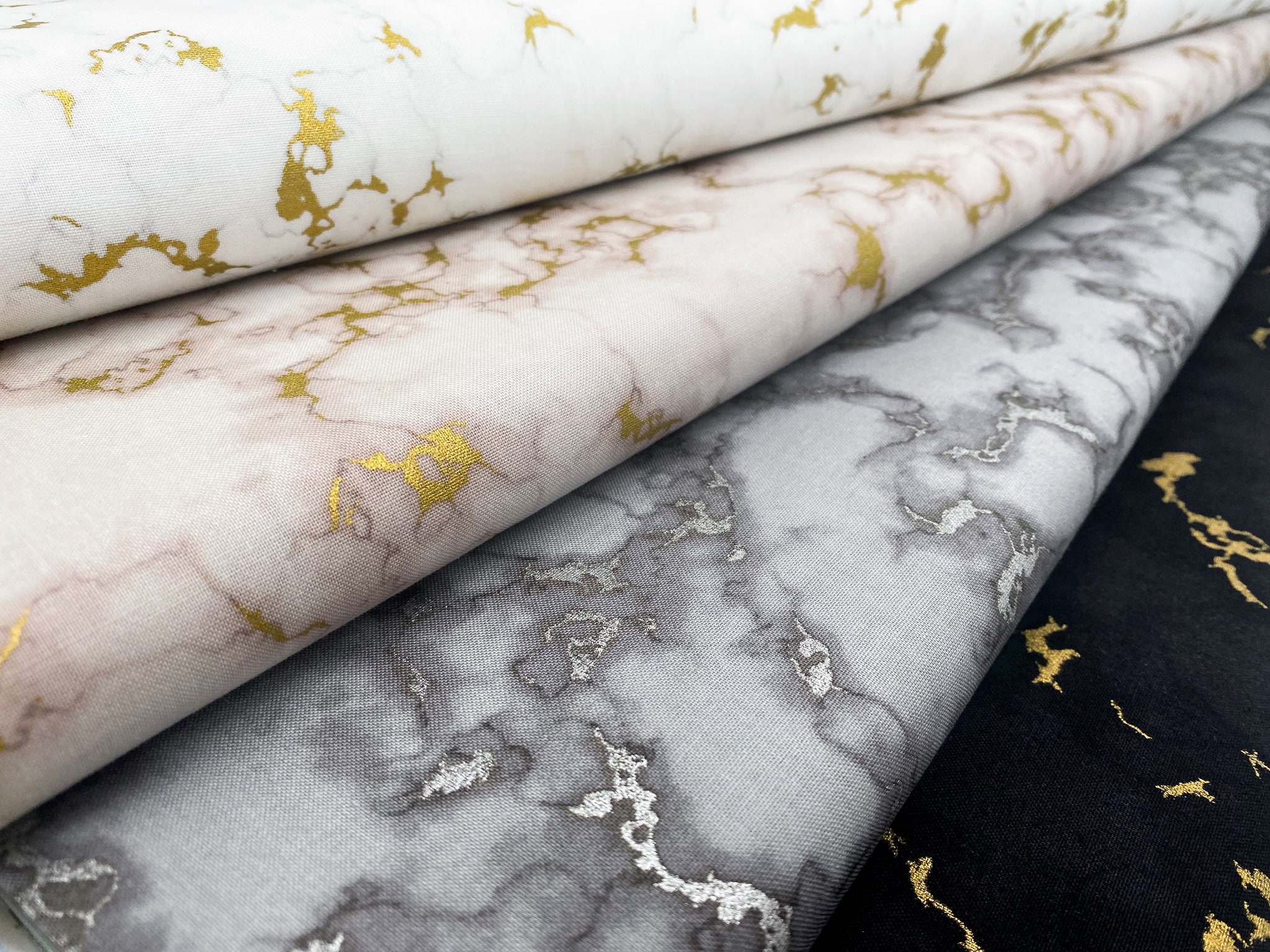Robert Kaufman Cotton Marble Fabric | Wishwell Silverstone with Gold & Silver Print