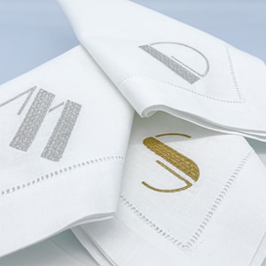 Art Deco Monogrammed Cotton & Linen Napkins | Gold Silver Embroidered Hemstitch Napkins | Personalized Gift