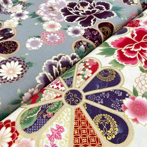Cosmo Textile Japan Cotton Fabric with Japanese Kiku | creme & grey Chrysanthemum print by Quilt Gate