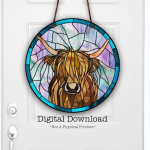 Highland Cow, Faux Stained Glass, Sublimation Door Hanger Design, Printable, PNG File, Digital Download