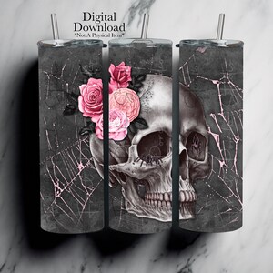 Skull and Flowers, Sublimation 20 oz Tumbler Wrap Design, Printable PNG File, Digital Download