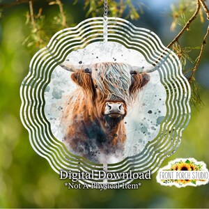 Sublimation Wind Spinner Design, Watercolor Highland Cow, Digital Download PNG